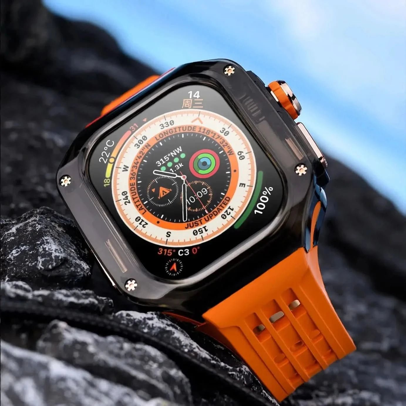 49MM Orange Black Luxury Glacier Case With Transparent Straps For iWatch Ultra